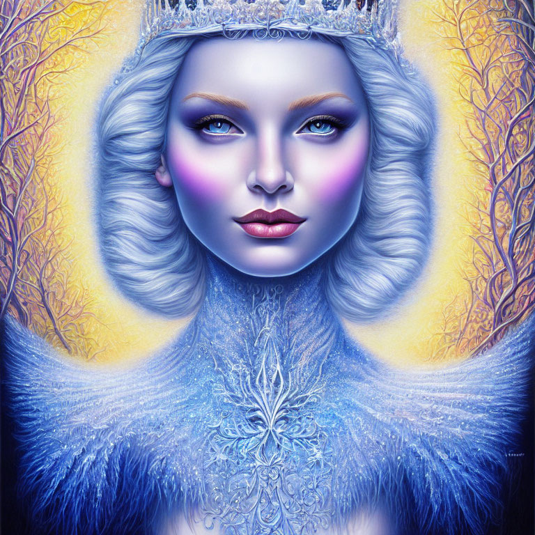 Portrait of Woman with Striking Blue Eyes and Crown in Blue and White Gown