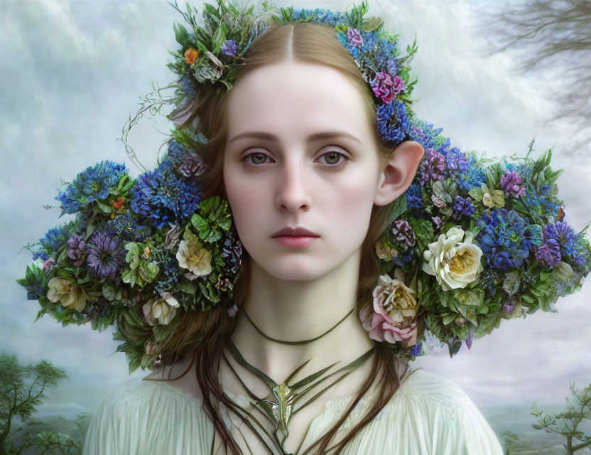 Woman with Floral Wreath and Elfin Ears in Serene Pose
