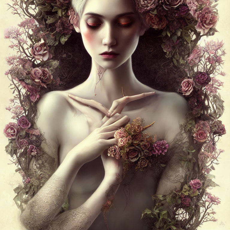Ethereal woman with red eyes and roses in intricate pose
