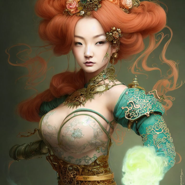 Elaborate Red-Haired Woman in Ornate Green and Gold Attire Holding Glowing Orb