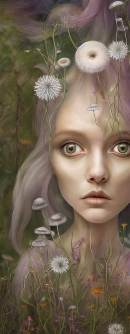 Surreal portrait of a girl with pale skin and light hair intertwined with dandelions