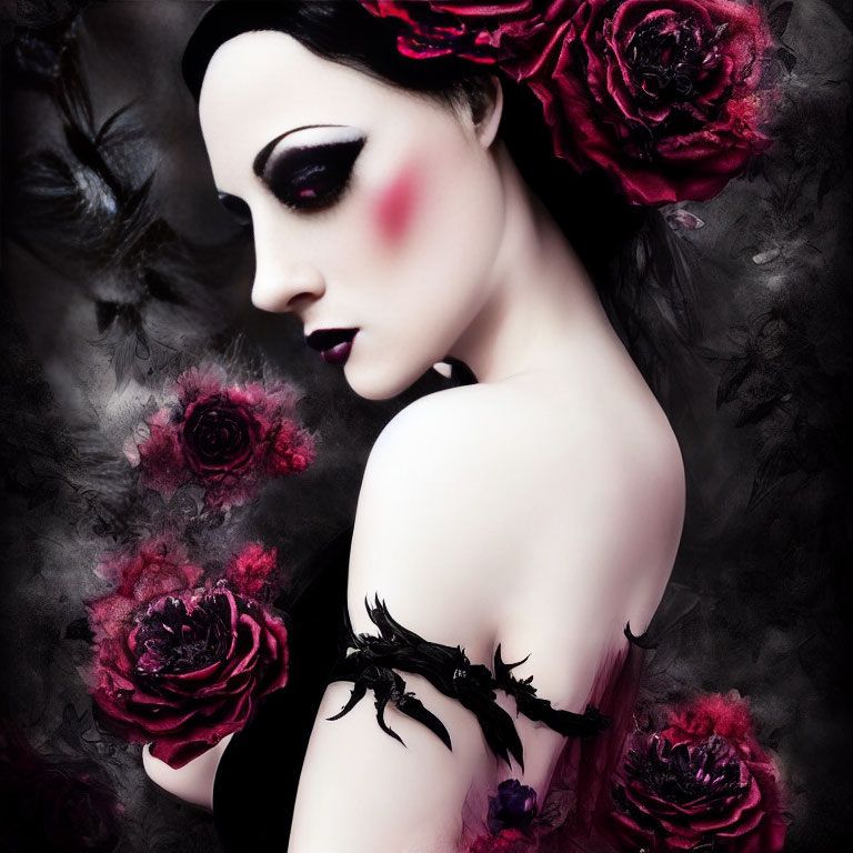 Gothic-inspired woman portrait with dark makeup and red roses