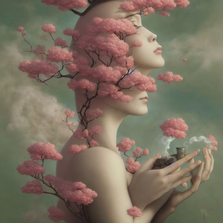 Surreal portrait with branches, pink blossoms, and miniature pot