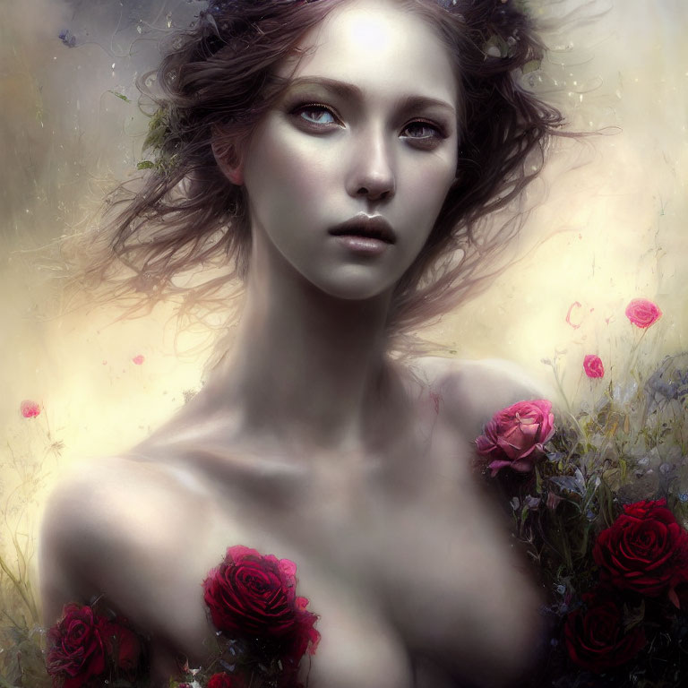 Portrait of Woman with Subtle Makeup Surrounded by Dark Red Roses