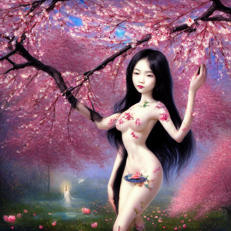 Woman adorned with flower embellishments under cherry blossom tree in dreamy landscape