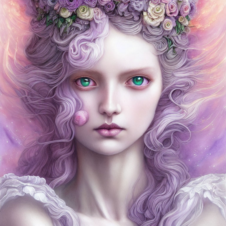 Digital Artwork: Pale-skinned Female with Lavender Hair and Rose Crown