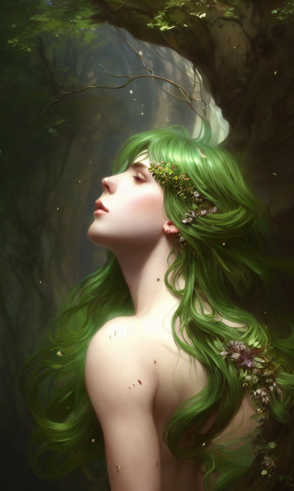 Woman with Long Flowing Green Hair and Flowers Against Soft-Lit Forest