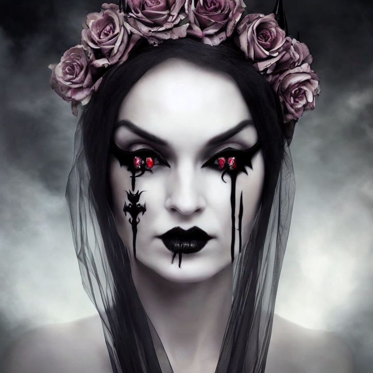 Pale skin, black lipstick, red eyes, crown of roses, dramatic black eye makeup.