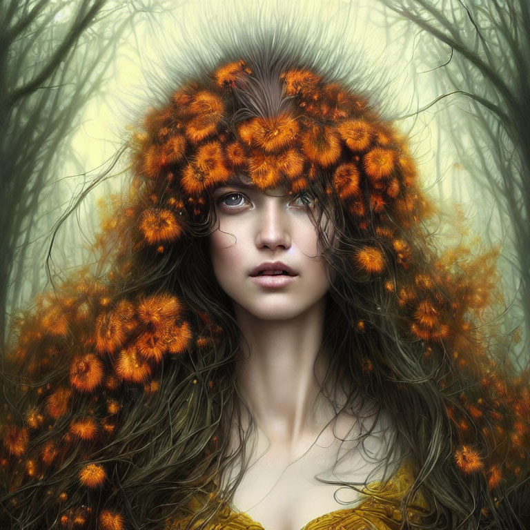 Blue-eyed woman with orange flowers in voluminous hair on soft green backdrop