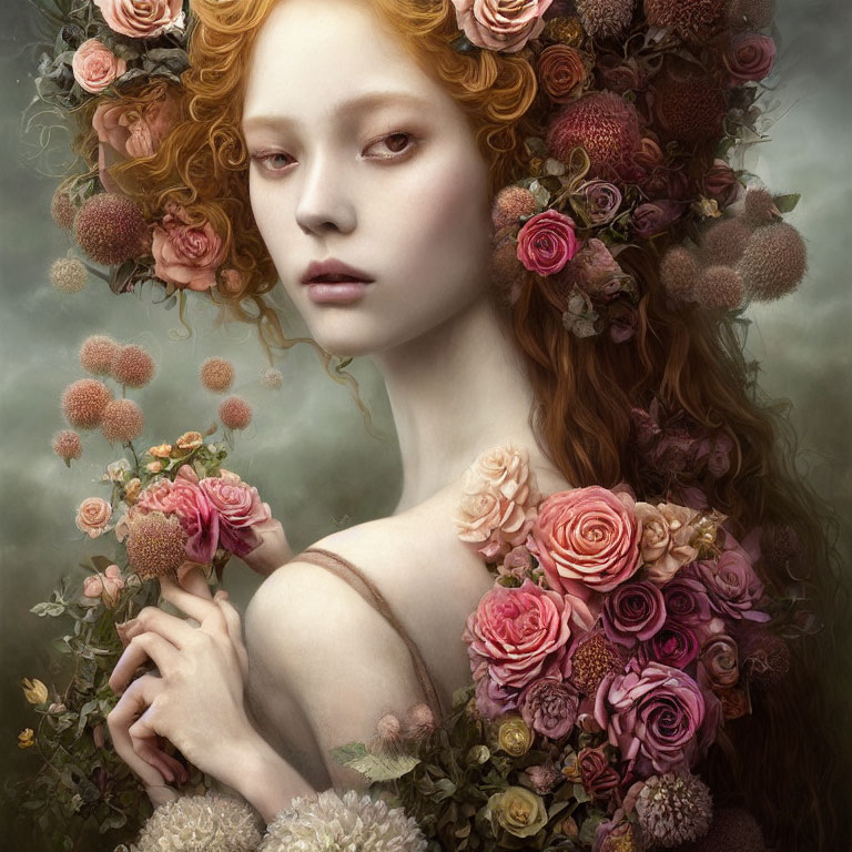 Portrait of woman with pale skin and curly red hair holding a rose, surrounded by flowers on green backdrop
