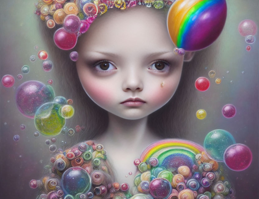 Colorful surreal portrait of a girl with expressive eyes and vibrant spheres.