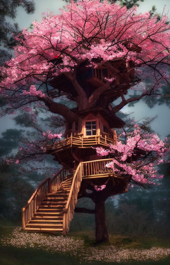 Cherry Blossom Treehouse at Twilight with Wooden Staircase