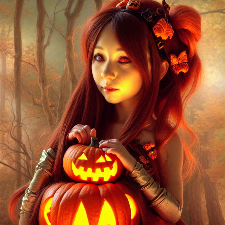 Red-haired woman holding a glowing jack-o'-lantern in mystical forest