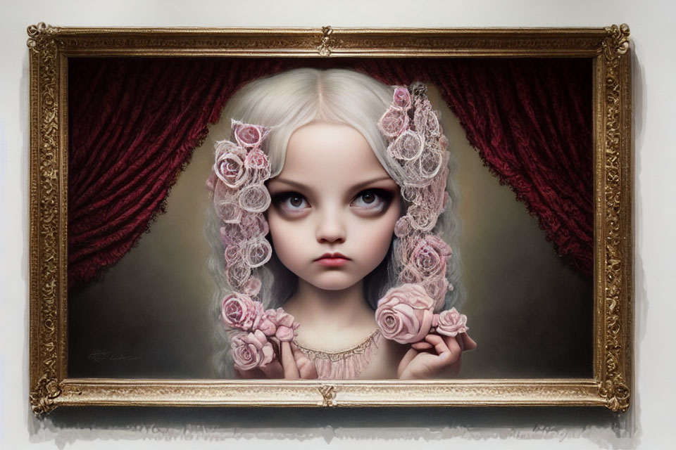Portrait of a girl with big eyes surrounded by pink roses and lace in a dark setting.