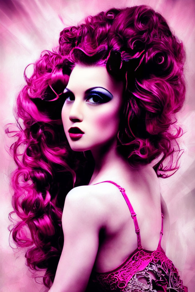 Voluminous pink curls woman with dramatic makeup and lacy top on pink backdrop