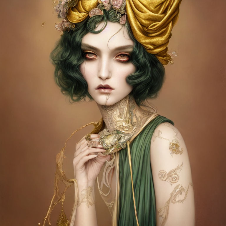 Illustration of person with green hair, golden headdress, red eyes, and green draped garment