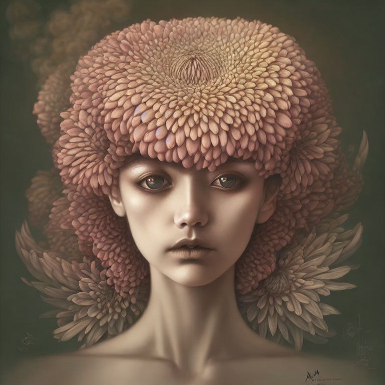 Person with Large, Ornate Flower Headdress and Serene Expression