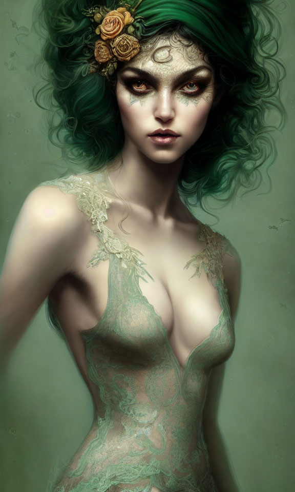 Digital Artwork: Woman with Green Hair and Mystical Makeup in Lace Garment