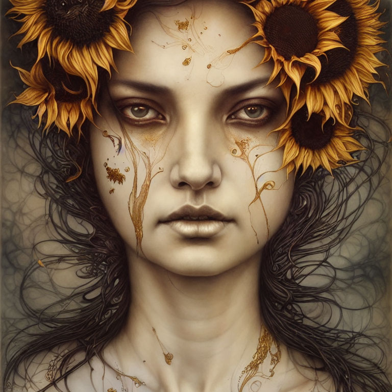 Portrait of person with serene expression, sunflowers in hair, and golden face patterns
