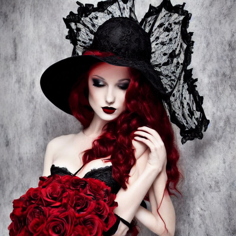 Woman with Red Hair in Black Lace Hat Holding Red Roses on Grey Background