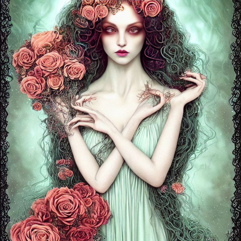 Surreal portrait of woman with pale skin, adorned with vibrant roses in curly hair, delicate hands