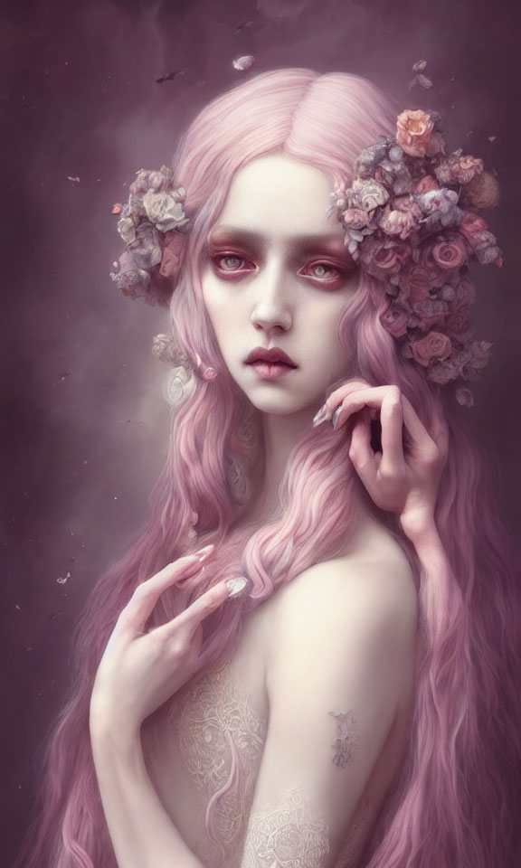 Portrait: Pale-skinned person with pink wavy hair and rose crown, emanating mystical aura