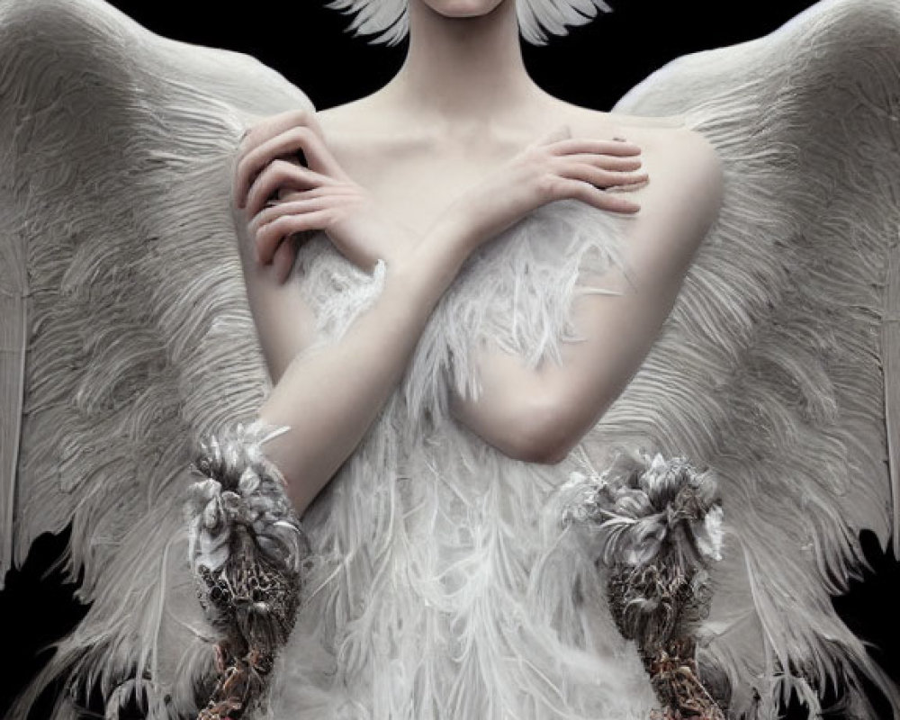 Fantasy-themed image of person with white plumage, wings, and dark eyes