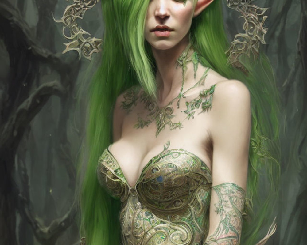 Fantasy elf with green hair, tattoos, horned headdress in dark forest