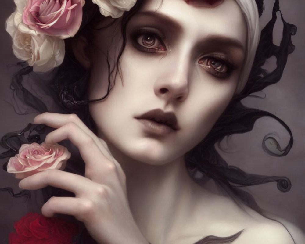 Gothic-style portrait of person with pale skin, dark hair, roses, and expressive eyes