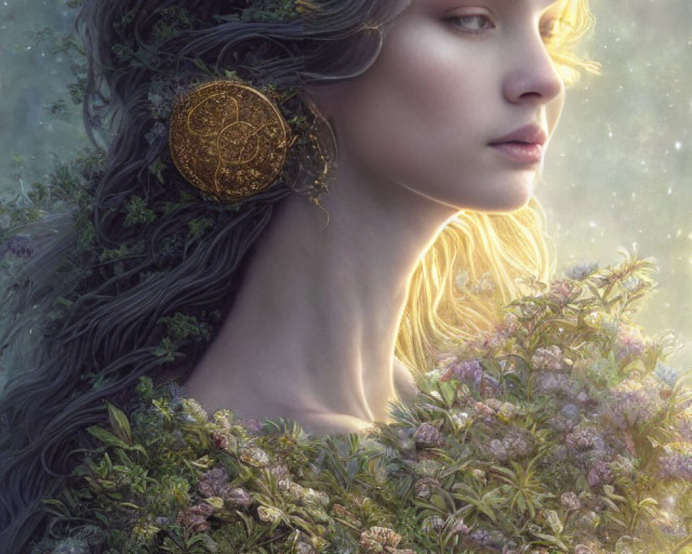 Woman with floral adornments and mystical aura in lush greenery