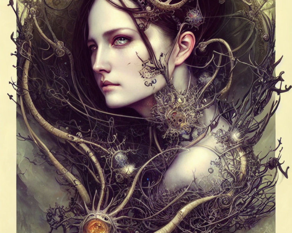 Fantasy portrait of woman with pale skin, dark hair, surrounded by intricate mechanical and cosmic elements