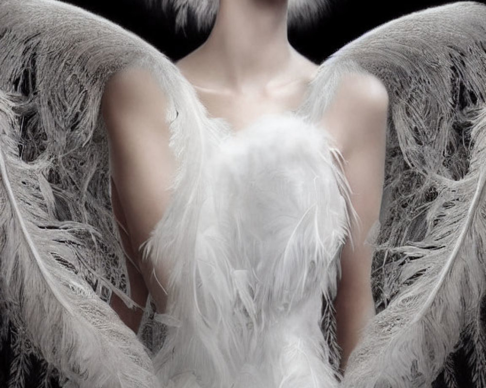 Elegant woman in white feathered headpiece and outfit