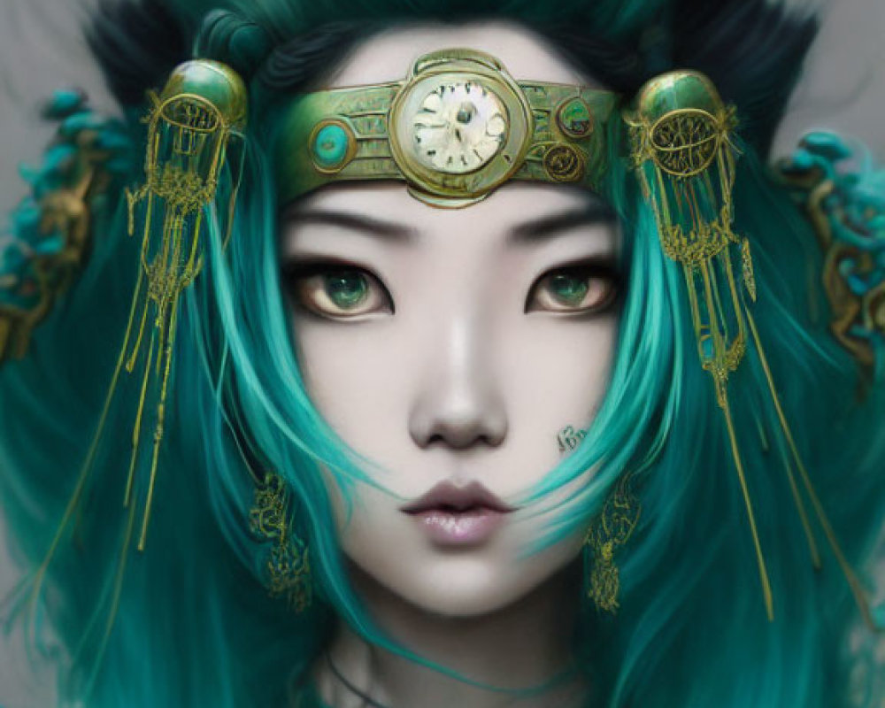 Vibrant teal hair and golden headgear in stylized portrait