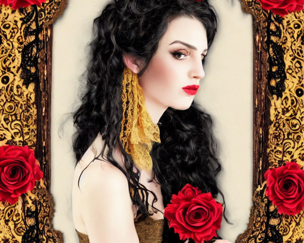 Dark Curly-Haired Woman in Vintage Dress with Red Lipstick and Ornate Golden Patterns