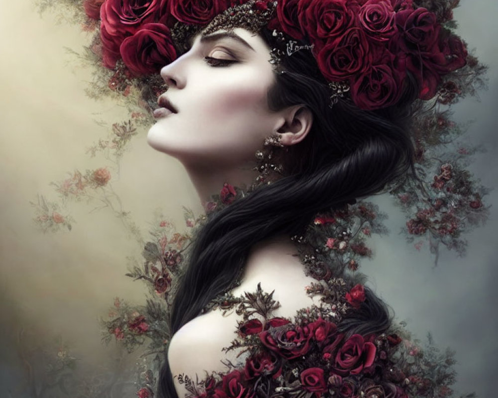 Dark-haired woman with red rose crown in misty floral setting