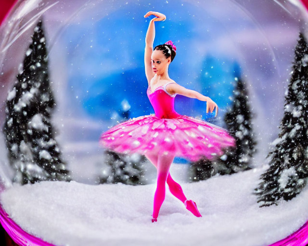 Pink tutu ballerina dances in snow globe scene with snowy trees on magenta background