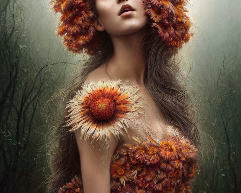 Surreal portrait of woman with orange flowers in misty forest