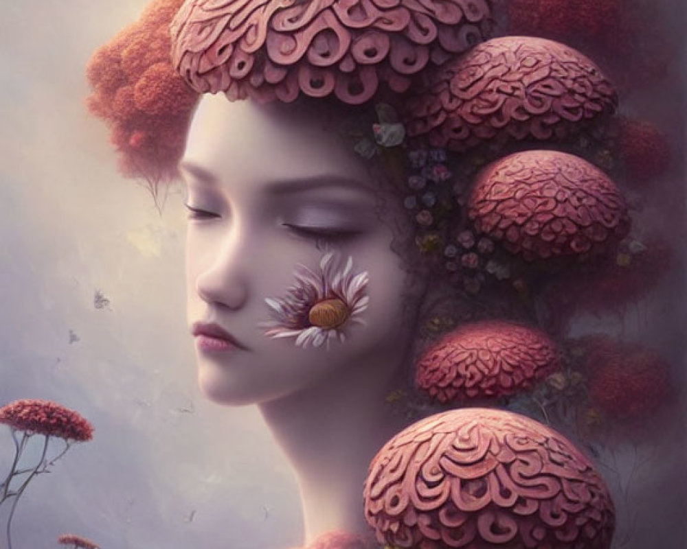 Fantasy illustration of woman with mushroom hair and dreamy background