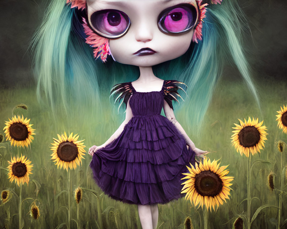 Illustration of doll with purple eyes and turquoise hair in sunflower field