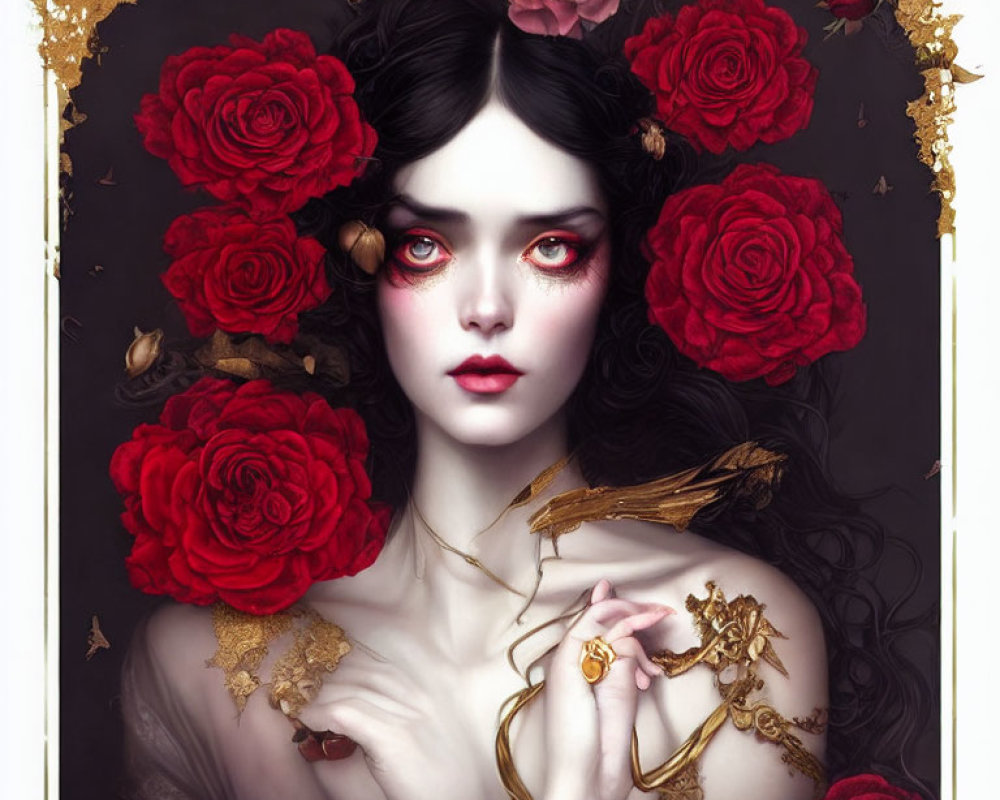 Pale-skinned woman with dark hair, red eyes, roses, gold details, and bird earring