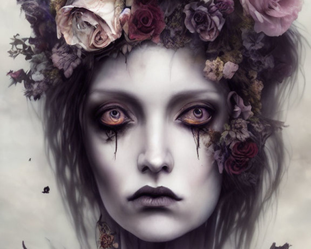 Portrait of a person with pale skin and dark eye makeup wearing a crown of roses and flowers