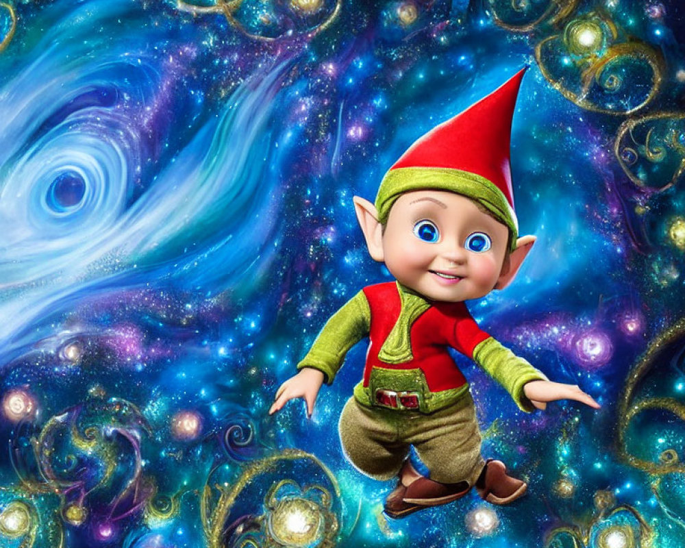 Colorful animated elf in cosmic background with galaxies.