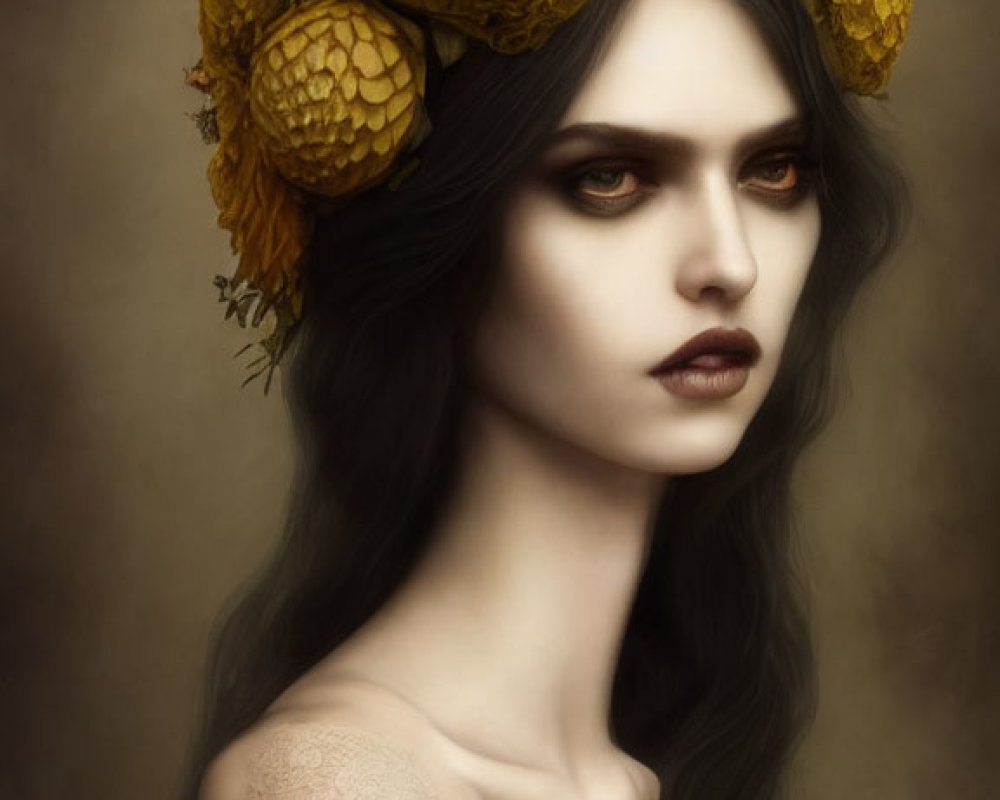 Dark-haired woman in striking makeup with yellow flower crown on sepia backdrop