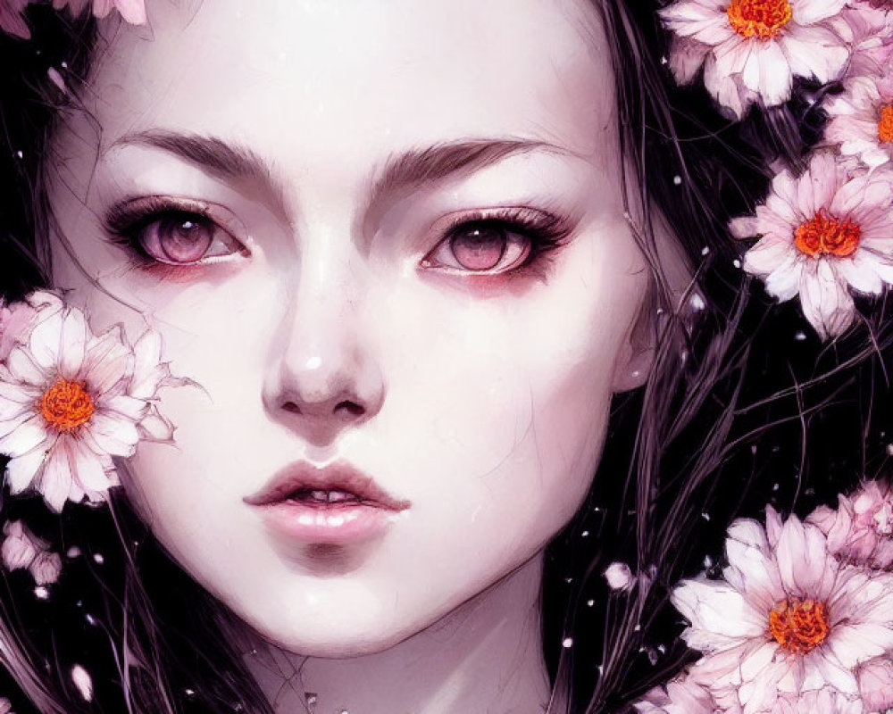 Digital Artwork: Woman's Face with Red Eyes and Pink Flowers