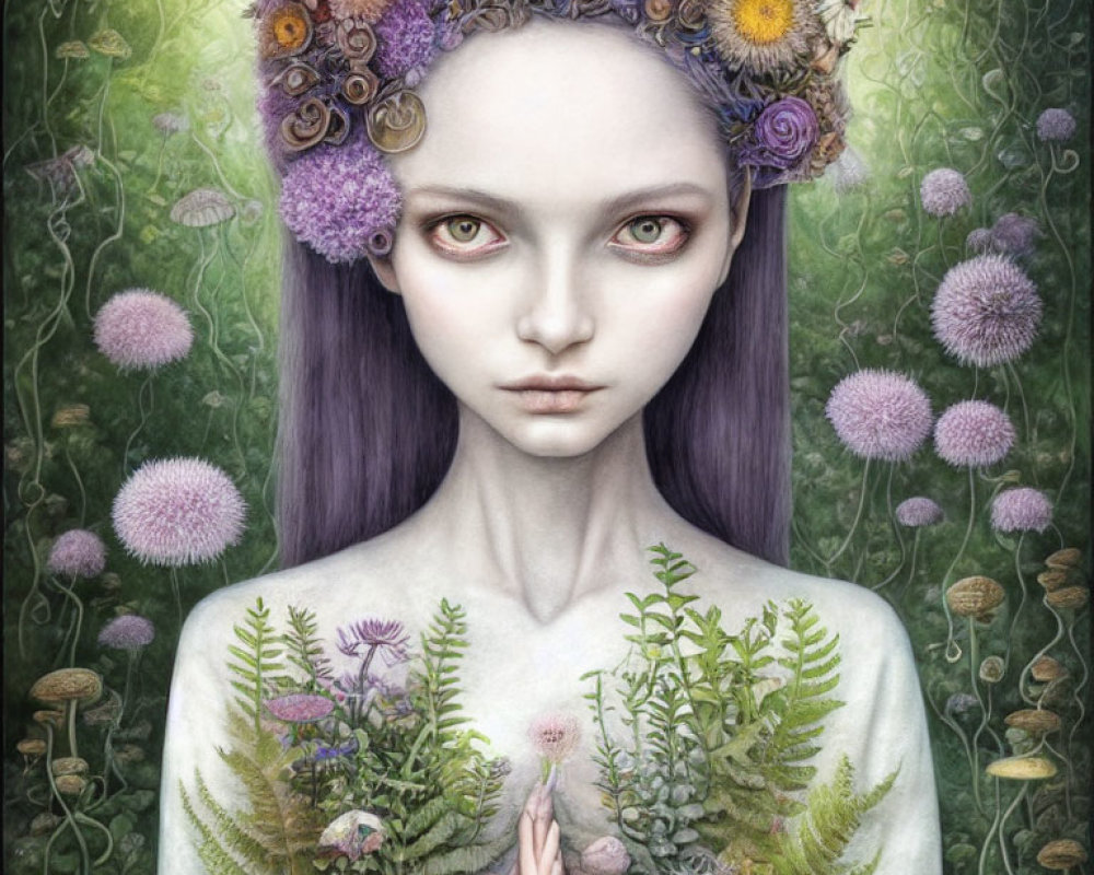 Surreal illustration of girl with floral crown and botanical elements on green backdrop