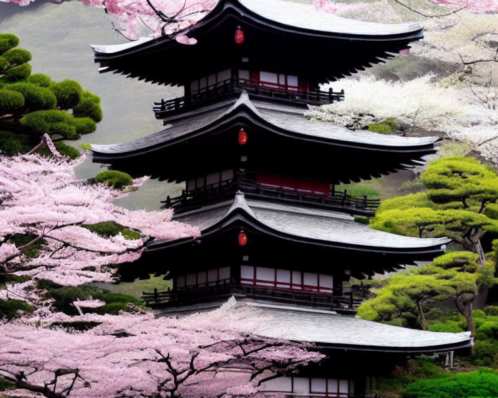 Traditional Japanese Pagoda with Cherry Blossoms and Greenery