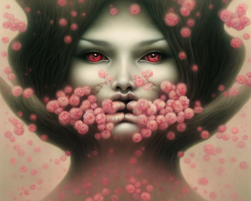 Surreal illustration: Woman's face with dark hair, red eyes, pink orbs.