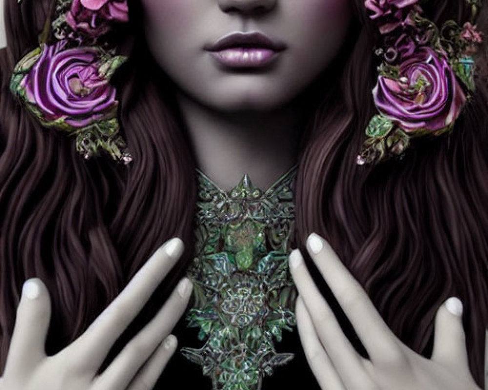 Digital artwork: Woman with violet eyes, floral headdress, intricate jewelry, mystical aura