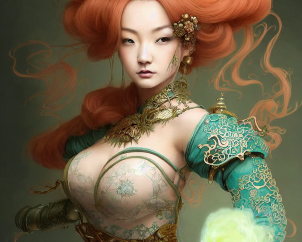 Elaborate Red-Haired Woman in Ornate Green and Gold Attire Holding Glowing Orb