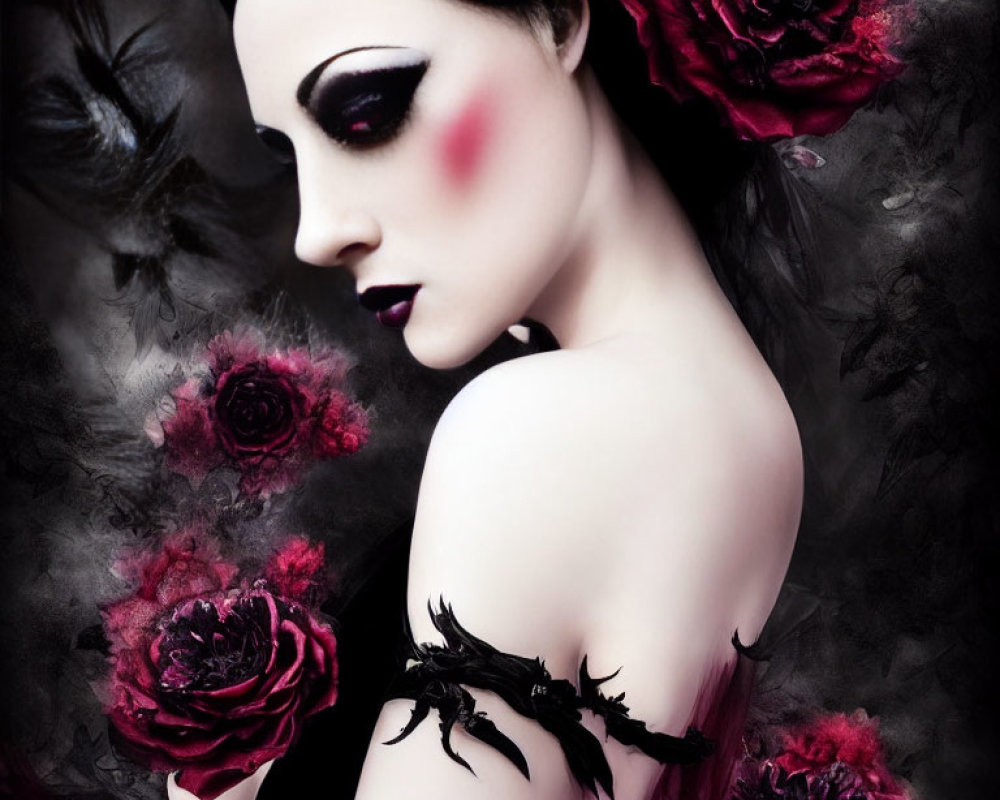 Gothic-inspired woman portrait with dark makeup and red roses